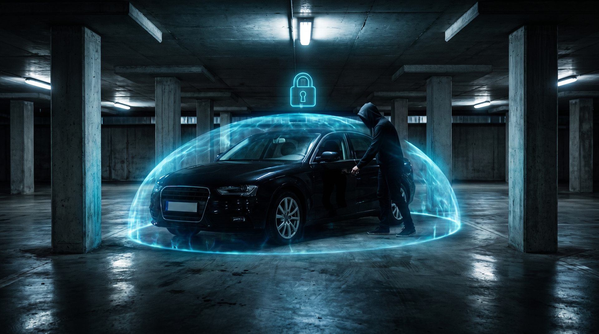 Car protected by a holographic shield in a car park