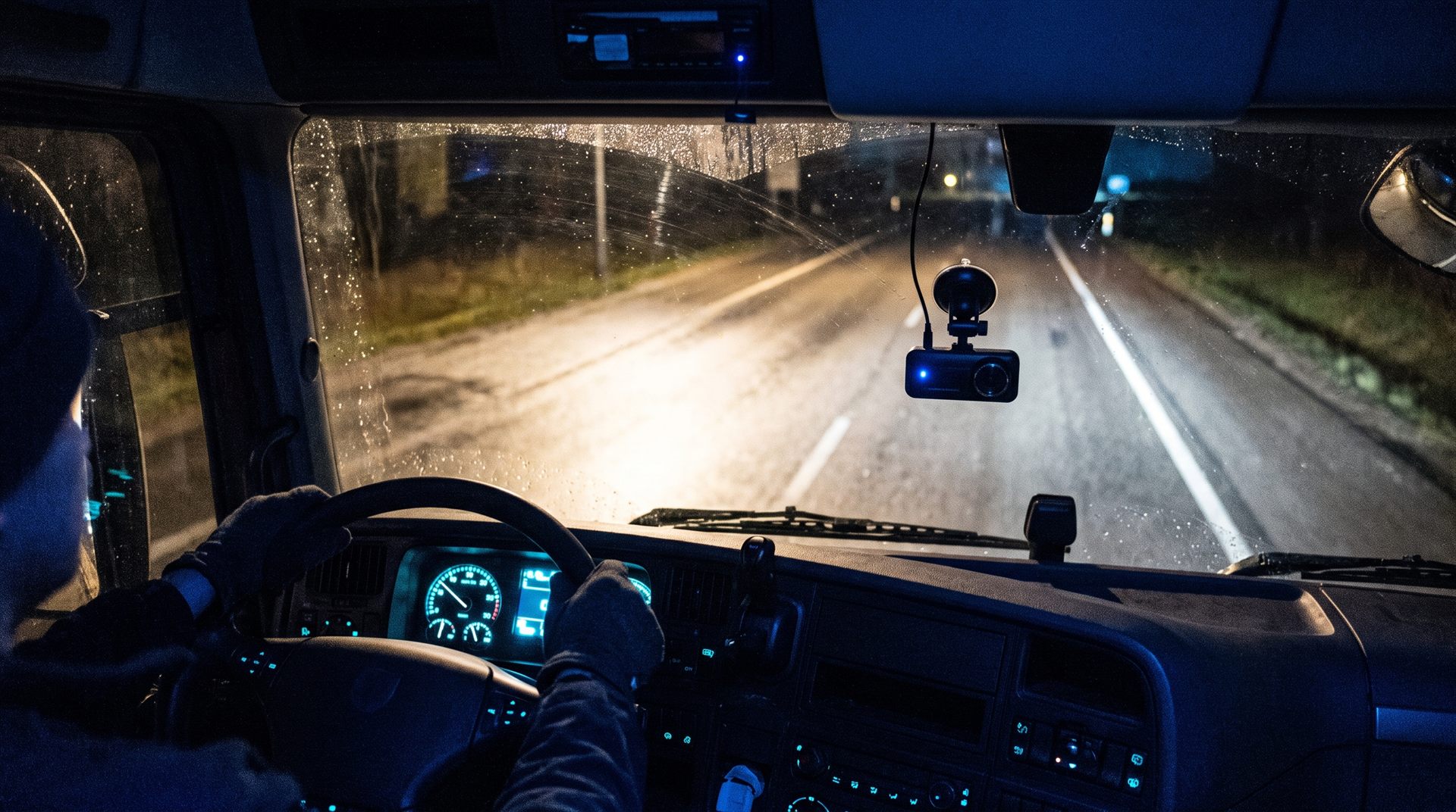 Dual dash camera mounted in a truck cab at night