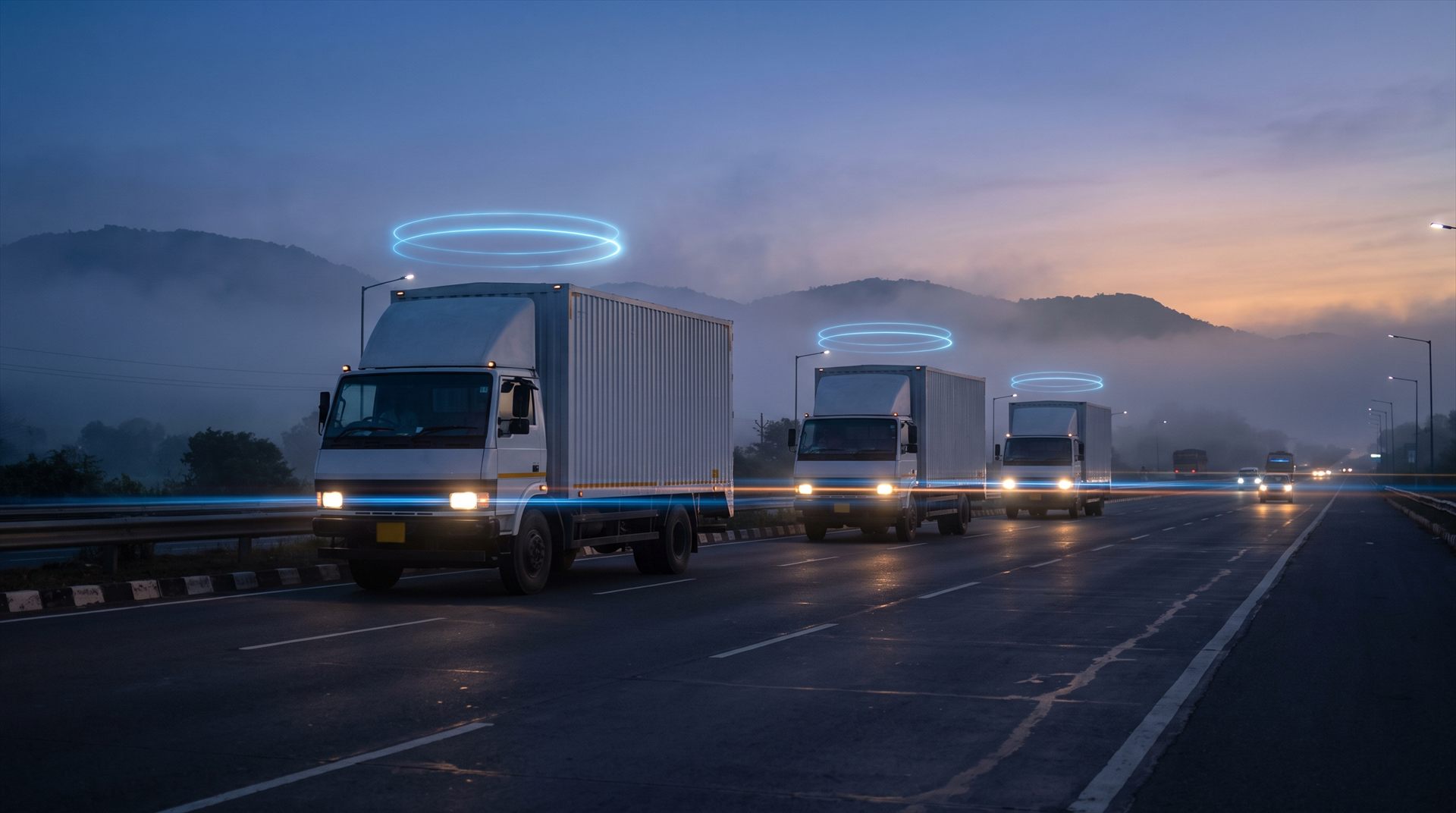 Convoy of logistics trucks at dawn